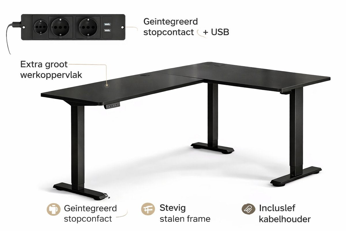 Signature Home Zit-Sta Bureau - Elektrisch in hoogte verstelbaar hoekbureau met laadstation - hoekbureau L vormig - 160 x 140 cm - zwart