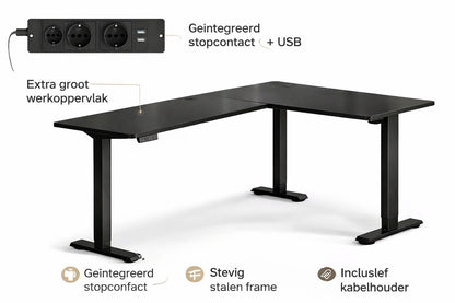 Signature Home Zit-Sta Bureau - Elektrisch in hoogte verstelbaar hoekbureau met laadstation - hoekbureau L vormig - 160 x 140 cm - zwart