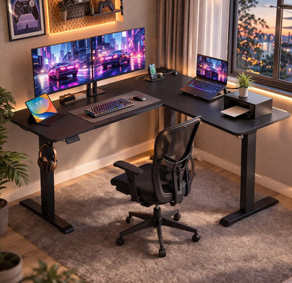 Signature Home Zit-Sta Bureau - Elektrisch in hoogte verstelbaar hoekbureau met laadstation - hoekbureau L vormig - 160 x 140 cm - zwart