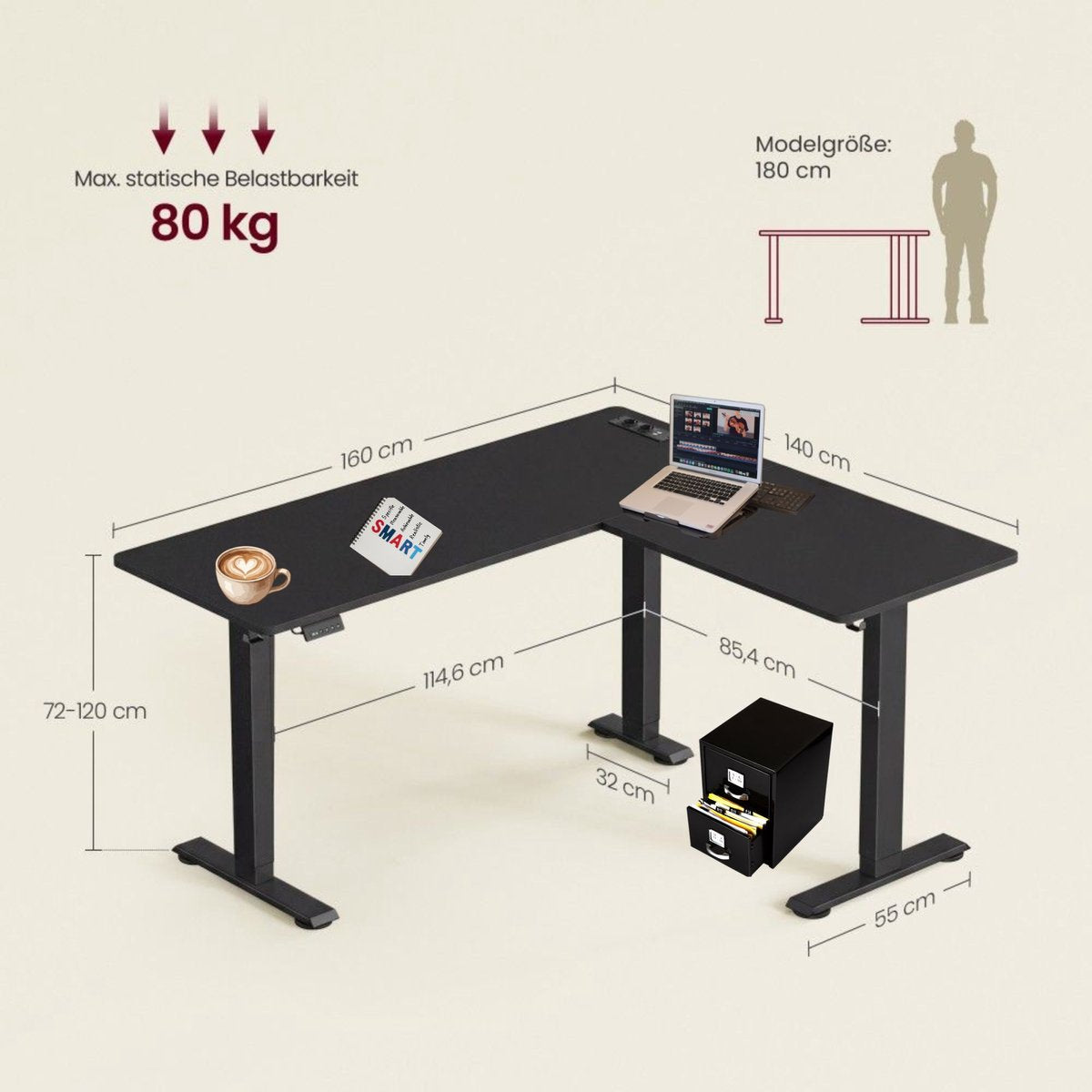 Signature Home Zit-Sta Bureau - Elektrisch in hoogte verstelbaar hoekbureau met laadstation - hoekbureau L vormig - 160 x 140 cm - zwart