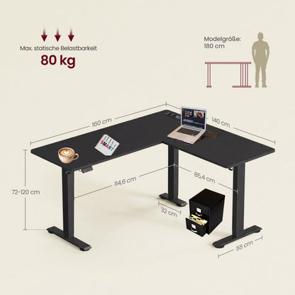 Signature Home Zit-Sta Bureau - Elektrisch in hoogte verstelbaar hoekbureau met laadstation - hoekbureau L vormig - 160 x 140 cm - zwart
