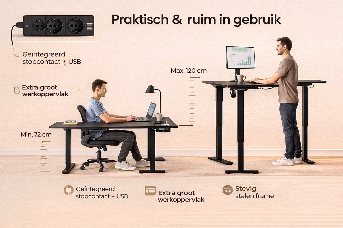 Signature Home Zit-Sta Bureau - Elektrisch in hoogte verstelbaar hoekbureau met laadstation - hoekbureau L vormig - 160 x 140 cm - zwart
