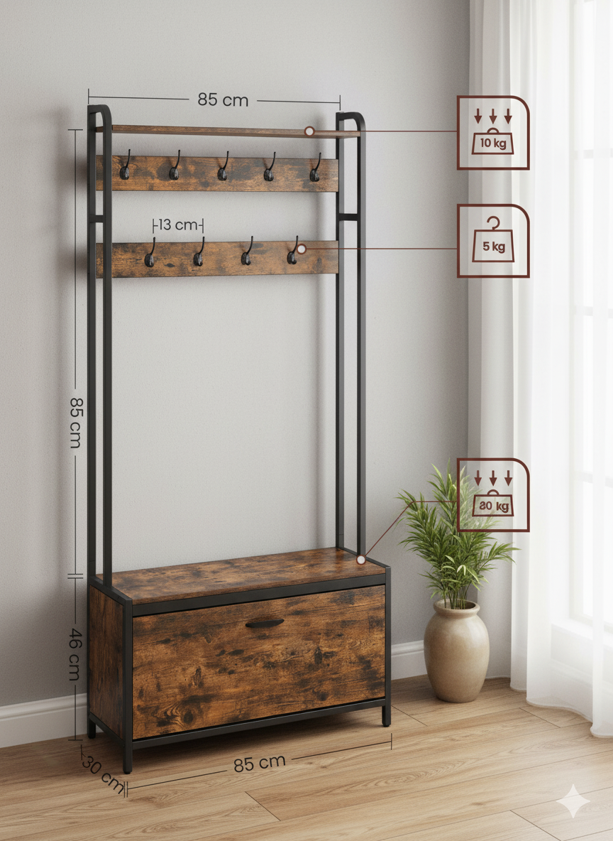 Kapstok met schoenenkast - kapstok met bank - kledingrek - schoenenrek - 9 haken - bovenste plank