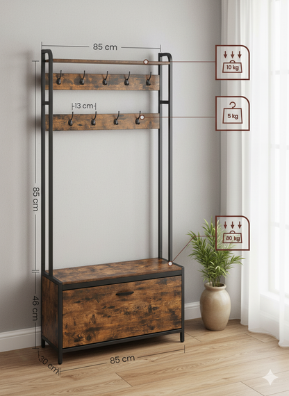 Kapstok met schoenenkast - kapstok met bank - kledingrek - schoenenrek - 9 haken - bovenste plank